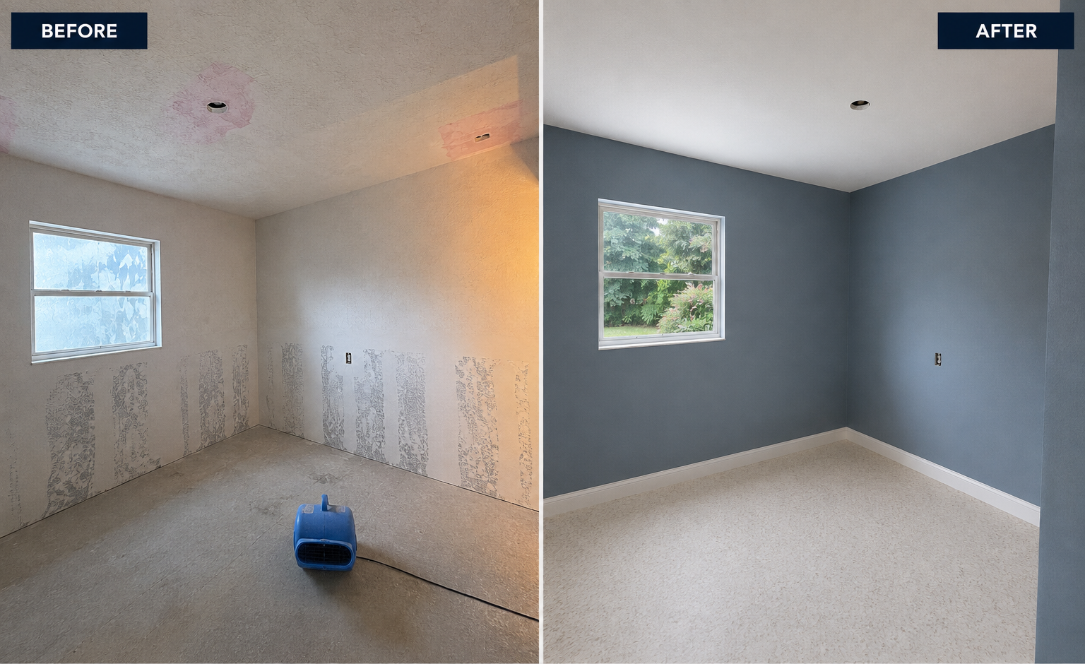 Actual bedroom drywall restoration before and after.
